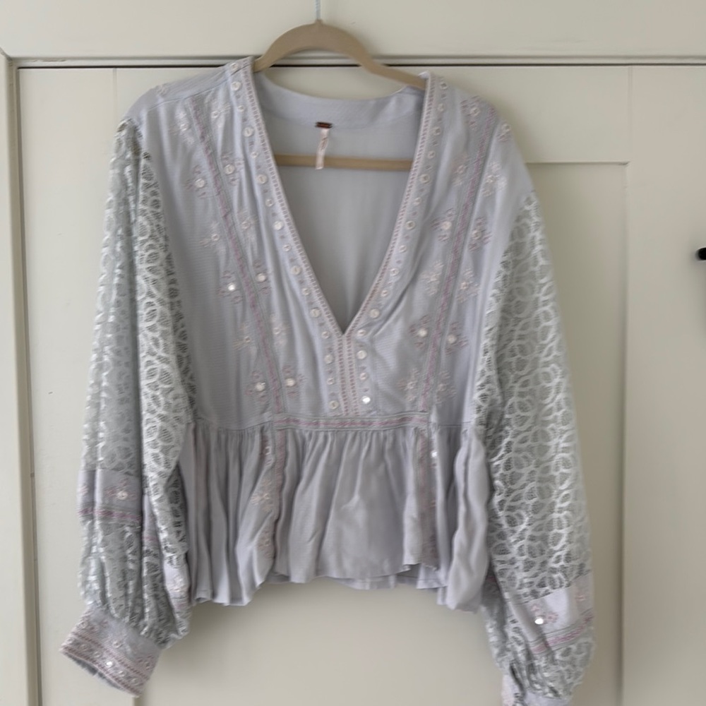White Long Sleeve Sequin Peplum Blouse